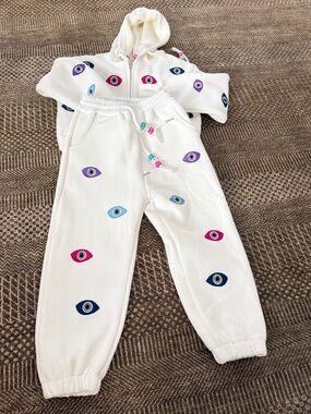 Lola + The Boys White Hoodie & Jogger Set with Pink, Purple, Blue uEye neverworn